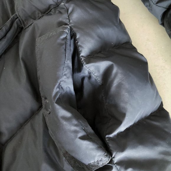 J Crew long puffer down jacket / winter coat / parka, navy, belt, hood, chevron - Picture 5 of 12
